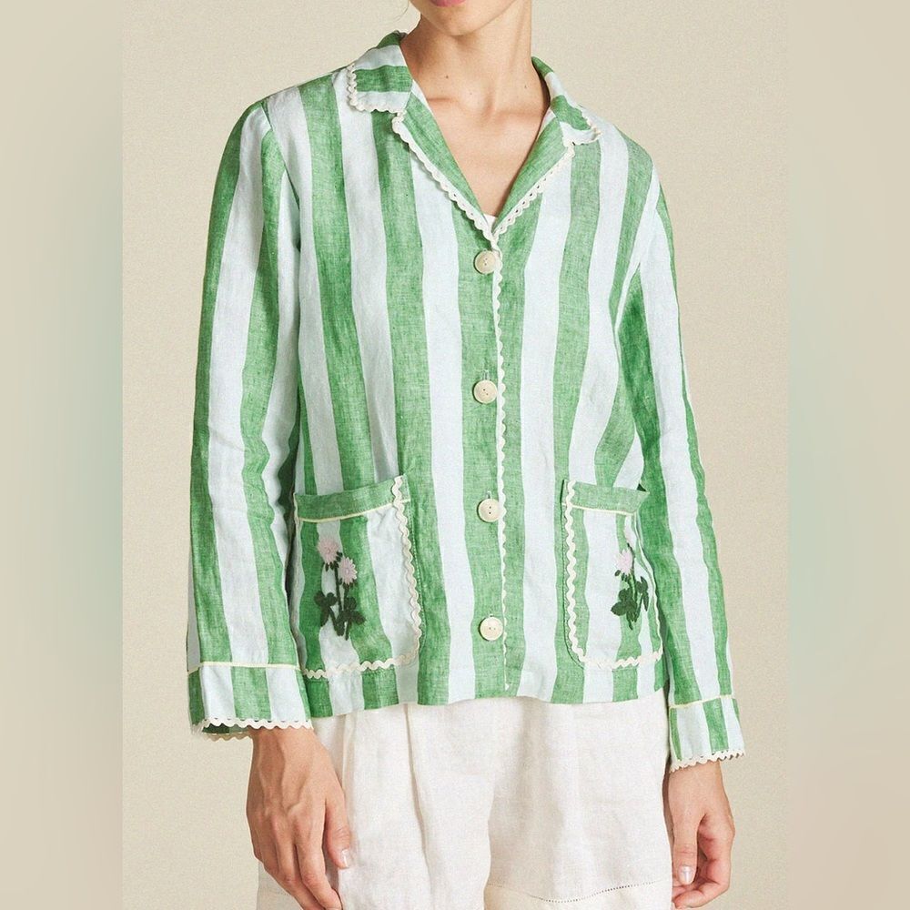 Trovata Birds of Paradis Dylan Linen Shirt Jacket Aloe Stripe NWT
